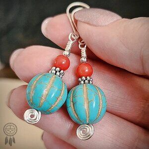 925 Sterling Silver Western Style Turquoise And Red Quartz Earrings